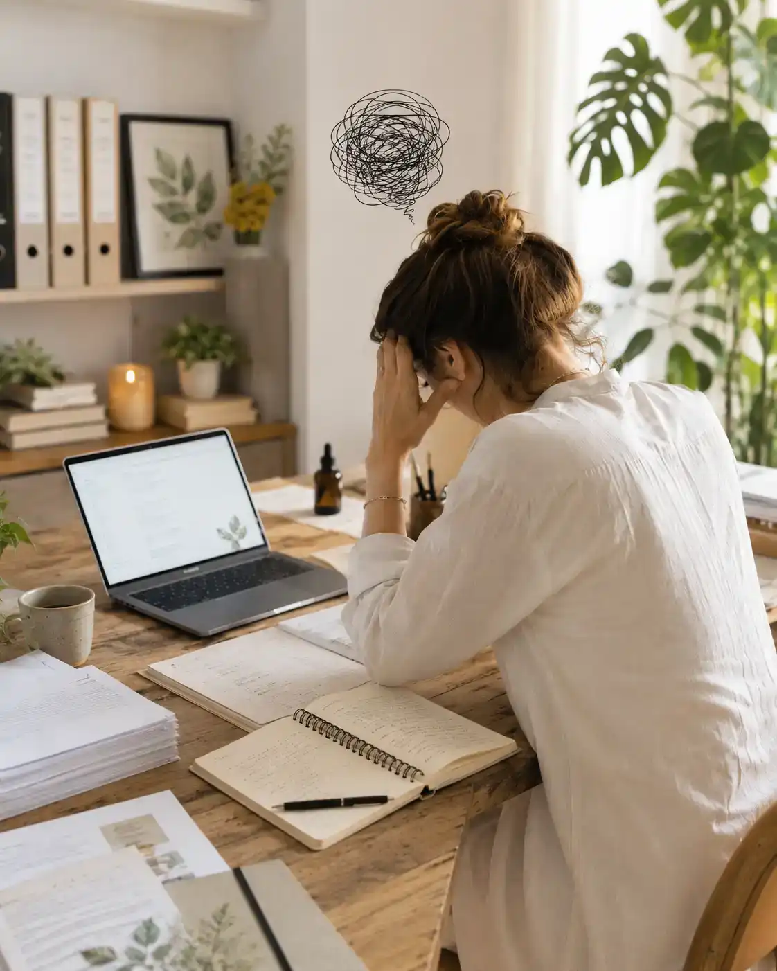 Professionnelle du bien-être débordée devant son ordinateur, entourée de notes et de documents