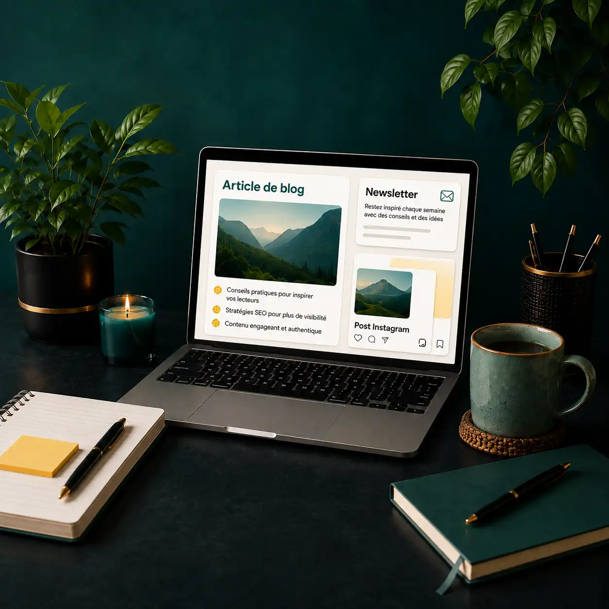 Pack contenu pilier et visibilité – Déclinaison multicanale Ordinateur présentant un article de blog, une newsletter et une publication Instagram pour illustrer le pack contenu pilier et visibilité