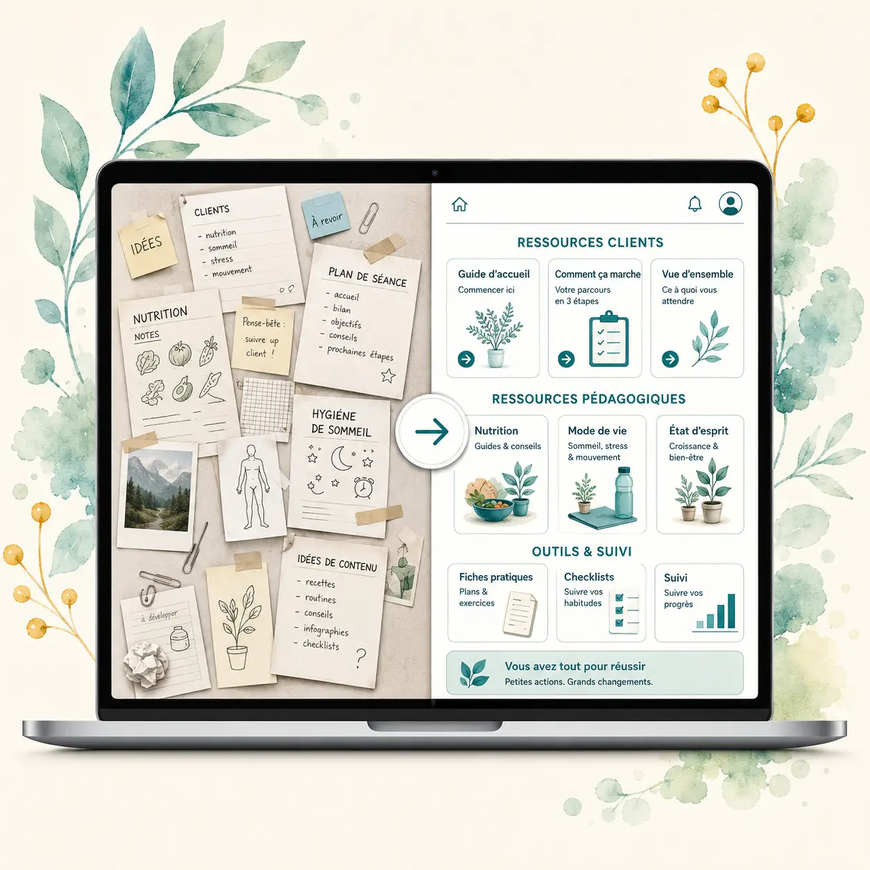 Ordinateur montrant la transformation de notes dispersées en ressources clients organisées, avec guides pédagogiques, fiches pratiques et outils de suivi